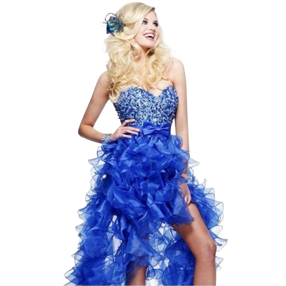 Sherri Hill Royal Blue Strapless Beaded Ruffle Hi-Low Gown Dress Size 6 - Picture 1 of 5